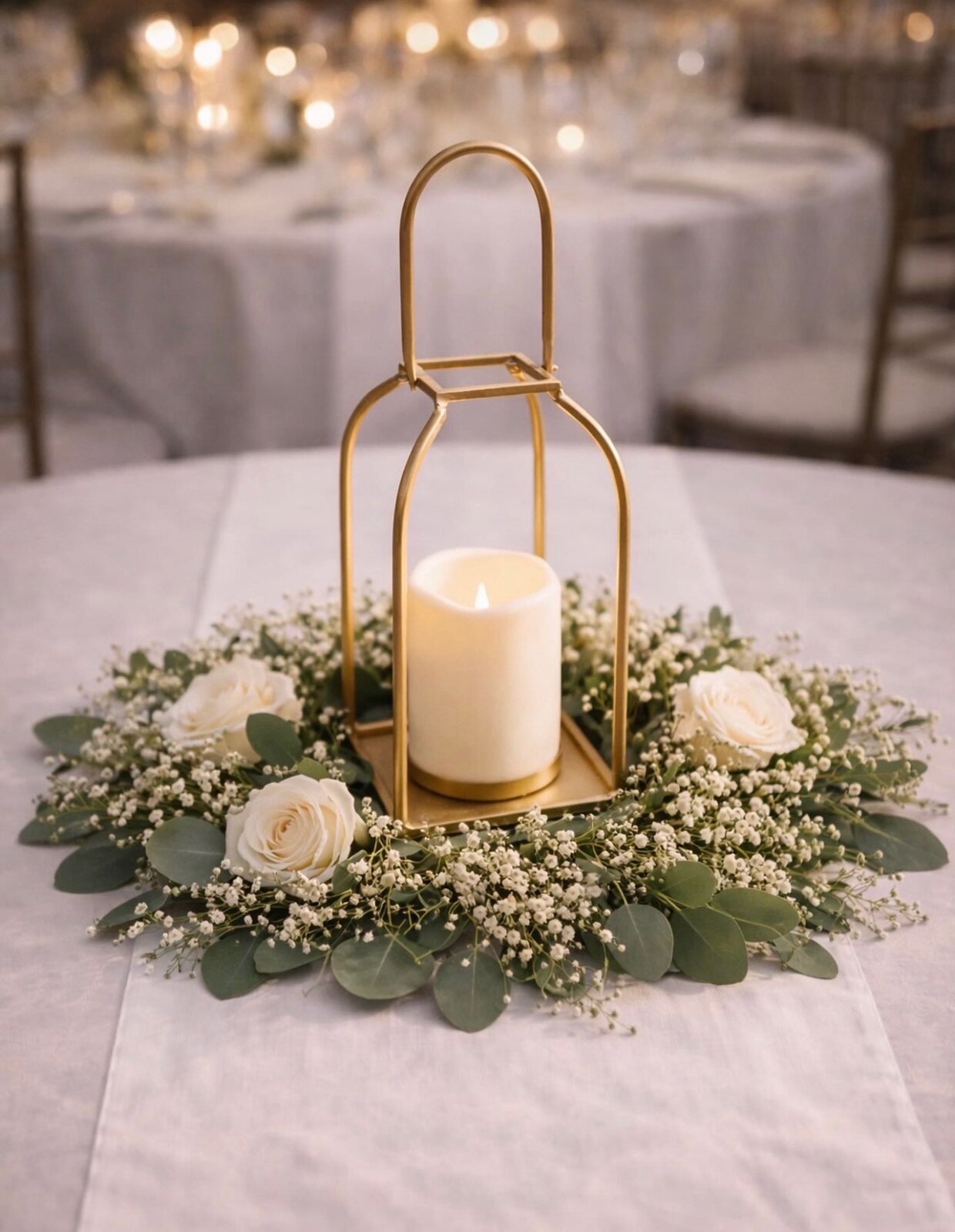 Close-up of a styled centerpiece with floral arrangement and warm decorative accents.